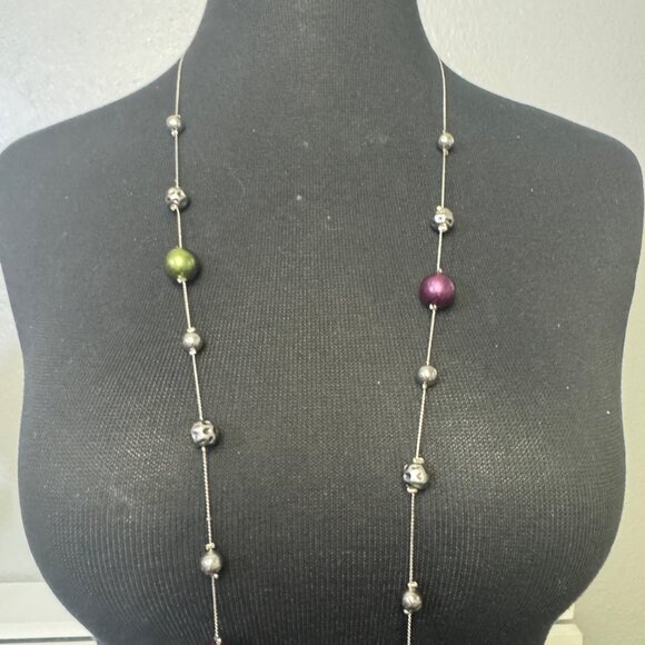 Multicolor Beaded Silver Chain Necklace Long Adjustable Lobster Clasp - Picture 3 of 4